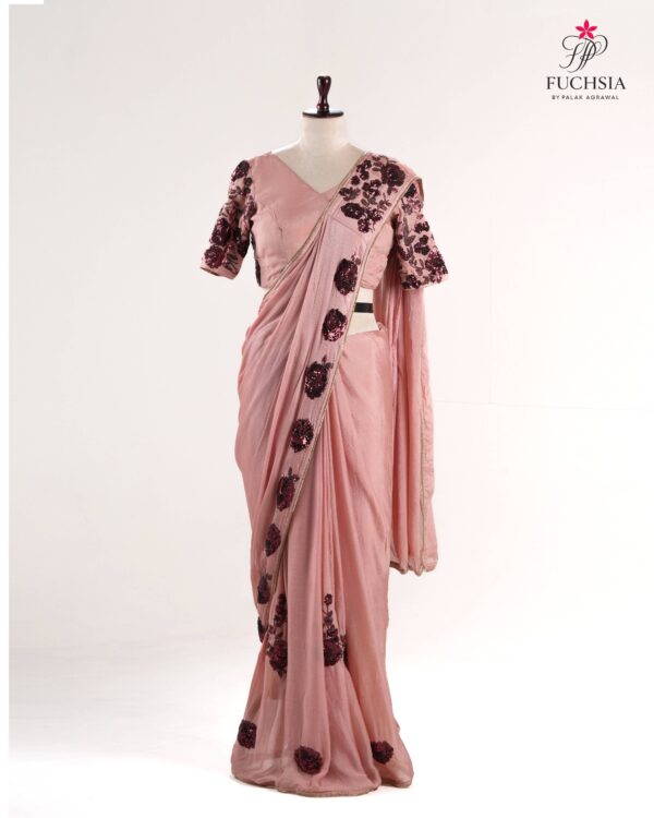 Blush Wine Saree in Chinnon Chiffon with Sequin Floral Appliqué