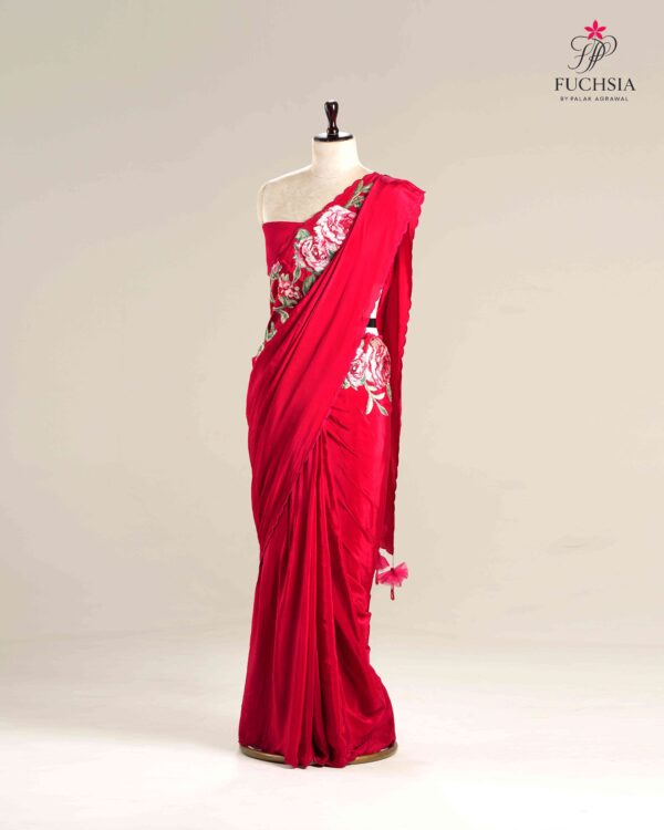 Scarlet Rose Saree in Satin Crepe with Appliqué Embroidery