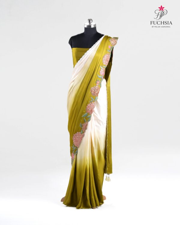 Olive Mist Saree in Mul Satin with Contrast Floral Appliqué & Tassel Detailing