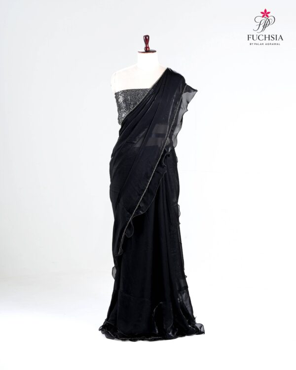 Noir Éclat Saree in Glass Tissue with Beaded Lace & Organza Ruffles – Noir Enchanté