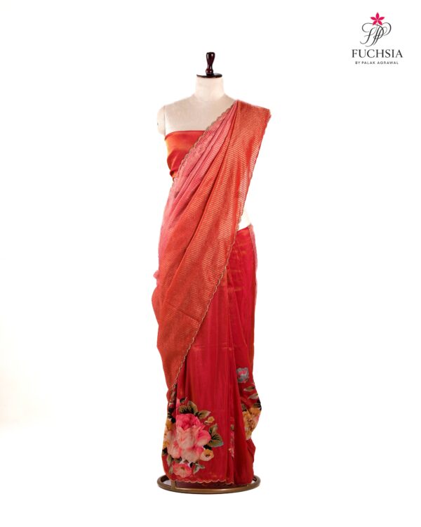 Coral Bloom Saree in Soft Tissue with Floral Appliqué