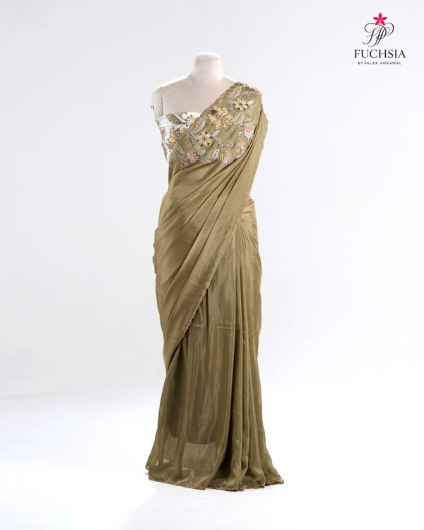 Olive Whisper Saree in Soft Tissue with Floral Embroidery