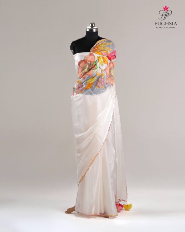 Ivory Bloom Saree in Glass Tissue with Multicolour Appliqué & Tassel Detailing
