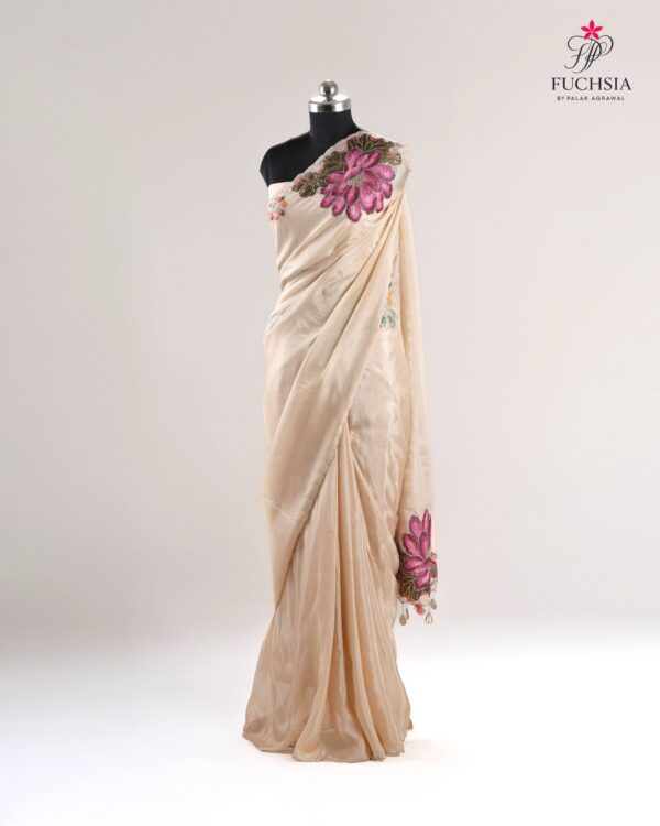 Ivory Bloom Saree in Soft Tissue with Floral Appliqué & Tassel Detailing