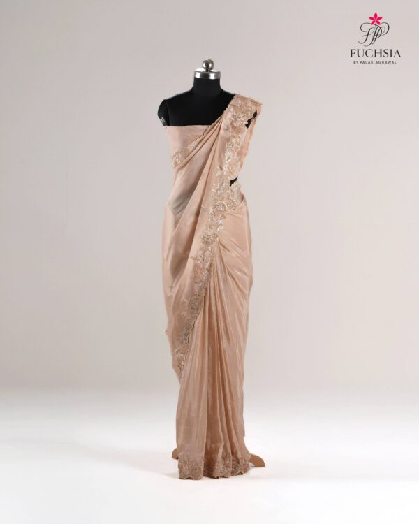 Champagne Whisper Ready-to-Drape Saree in Soft Tissue with Floral Embroidery