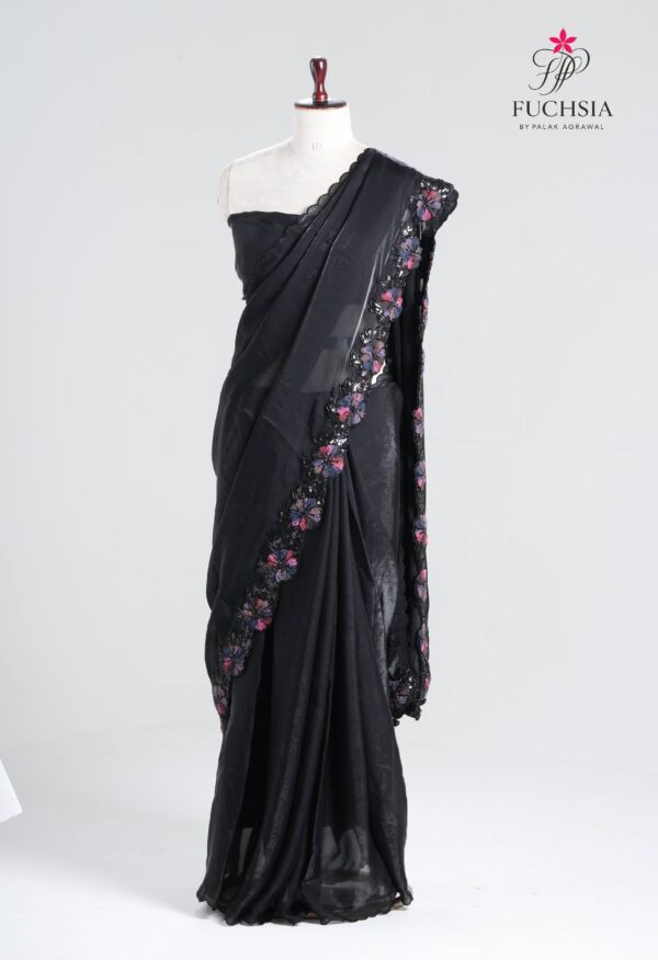 Noir Whisper Saree in Glass Tissue with Beaded Floral Lace – Velvet Mirage